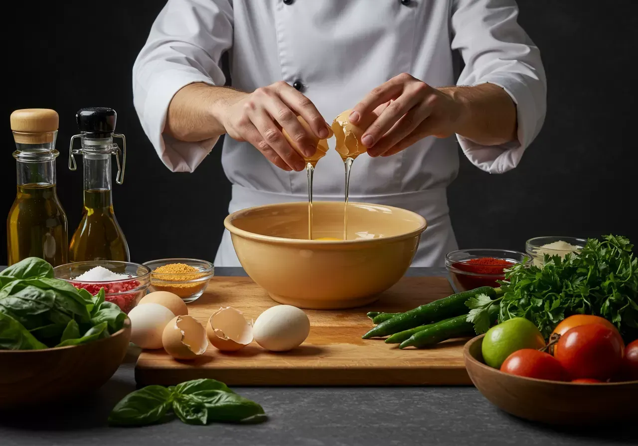 Na obrázku je kuchař, který rozbíjí husí vejce do misky a kolem jsou rozložené čerstvé ingredience pro přípravu tradičního pokrmu.