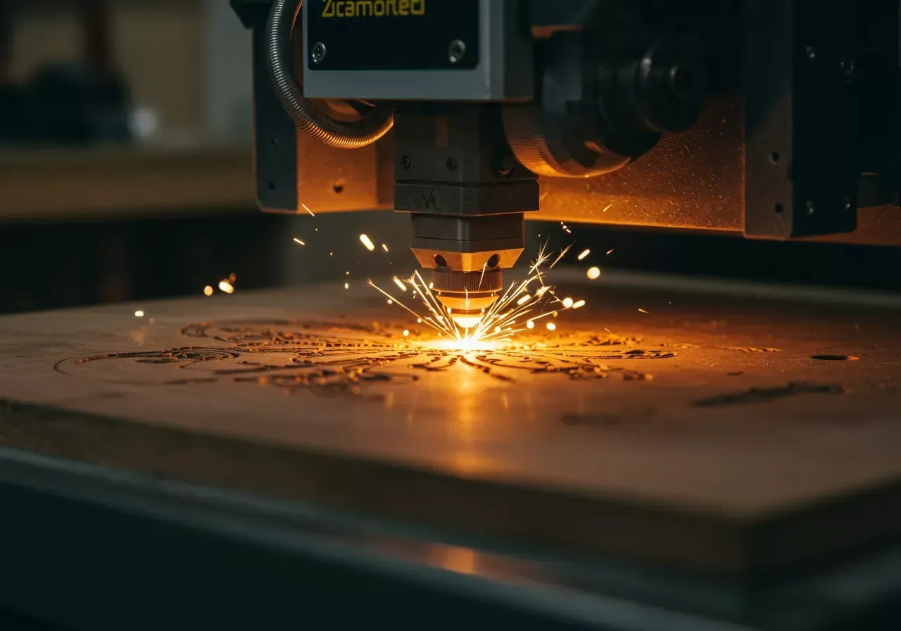 Na obrázku je detailní záběr laserového gravírování na dřevěném povrchu v domácí dílně, kde jsou vidět jiskry a vznikající precizní vzory.