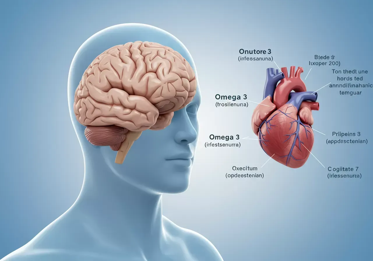 Na obrázku je znázorněn lidský mozek a srdce na čistě bílém pozadí, což zdůrazňuje přínosy Omega 3 pro kognitivní a kardiovaskulární zdraví.