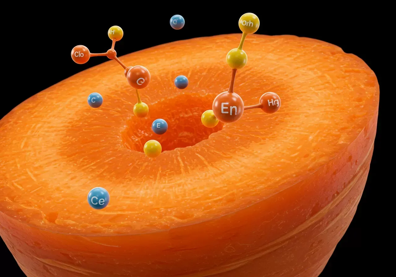 Na obrázku je detailní průřez mrkve zobrazující její živě oranžové vnitřní části s označením vitamínů a molekulárními strukturami, které kolem ní plavou v realistické krajinné scéně.