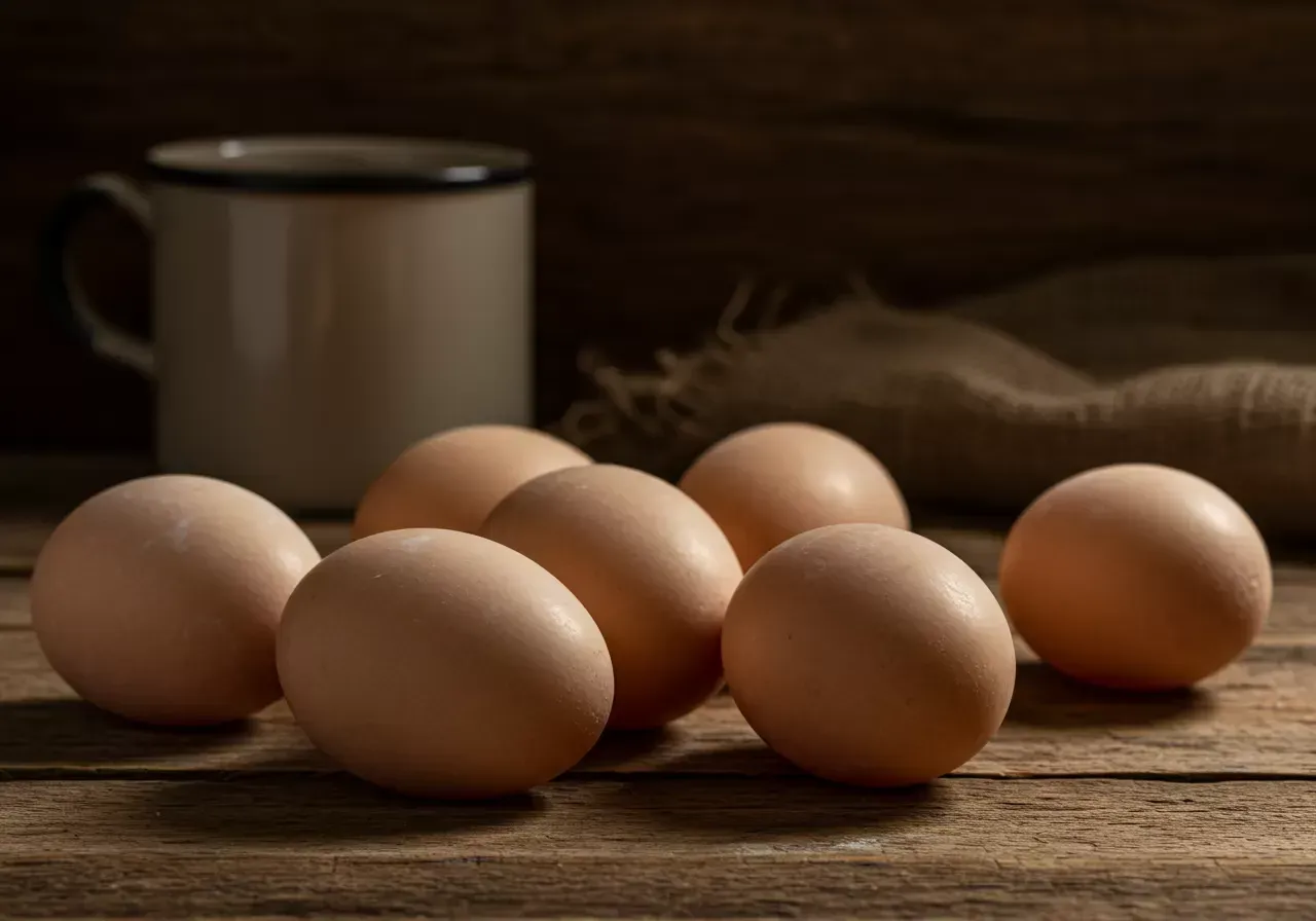 Na obrázku je rustikální kuchyňská scéna s čerstvými husími vejci, které jsou osvětleny přirozeným světlem zvýrazňujícím jejich jedinečnou texturu a velikost.