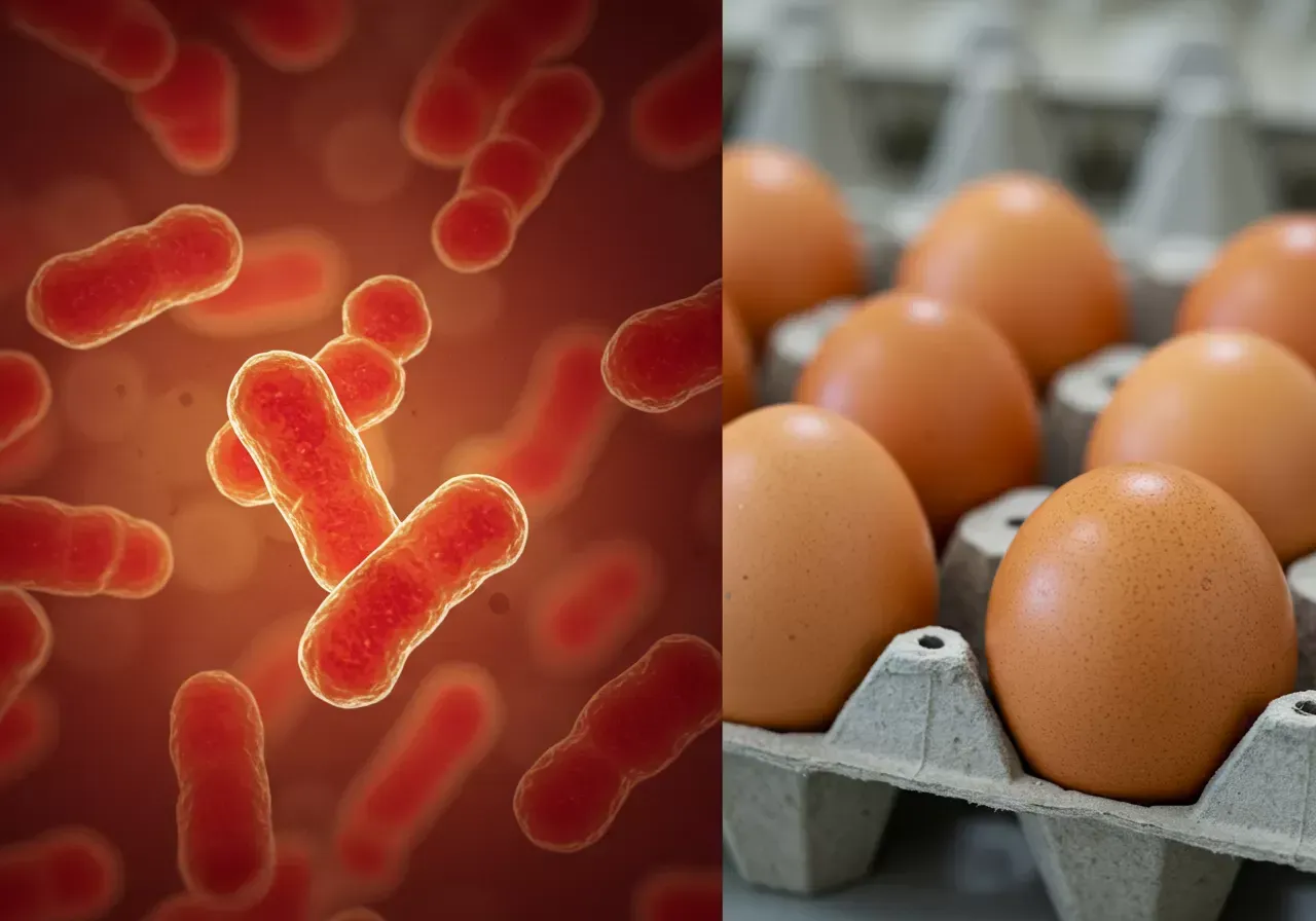 Na obrázku je detailní pohled na bakterie Salmonella pod mikroskopem vedle nesprávně skladovaných vajec, což zdůrazňuje rizika kontaminace.