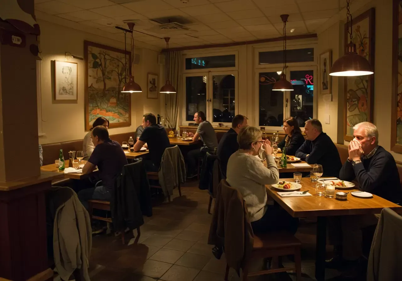 Na obrázku je útulná restaurace, kde hosté sedí u stolů a vychutnávejí si jídlo, přičemž jedna osoba zdvořile drží ubrousek u nosu, aby se vyhnula hlasitému smrkání.