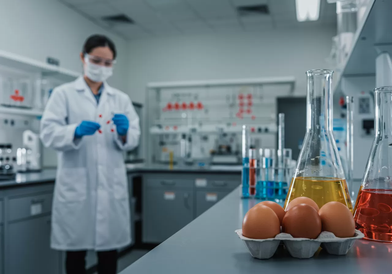 Na obrázku je zobrazena vědecká laboratoř, kde výzkumník analyzuje molekuly cholesterolu a vejce jako součást podrobné studie účinků cholesterolu.